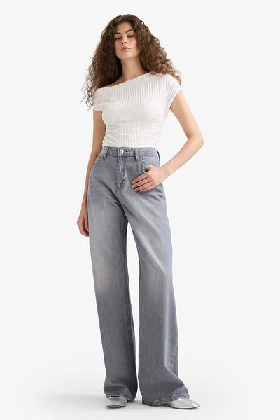DeFacto Straight Wide High Waist Long Jean Washed Trousers E9131Ax25Au
