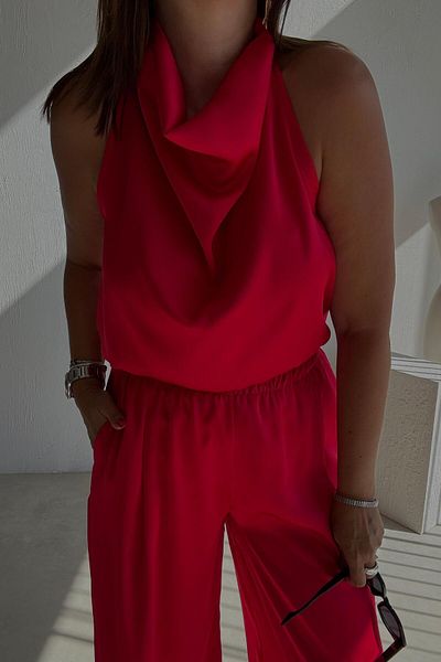 ELVAN TOLON Red Winkle Satin Blouse Suit