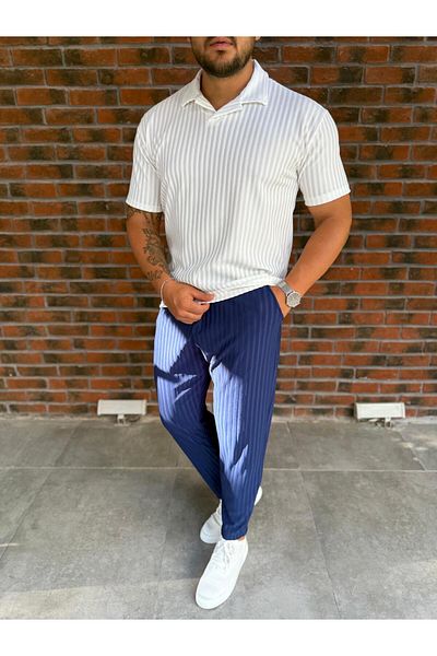 Baycombine35 Men's Striped Polo Neck T-Shirt and Pants Combination