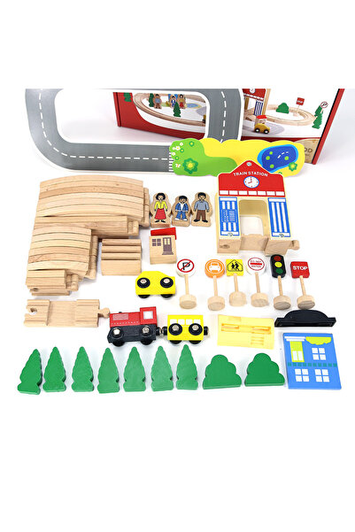 A2Z Wooden Train Set for Kids – 50 PCS Railway Track with Station, Figures & Signs | Educational Toy