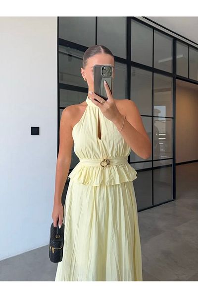 Afiş Butik Yellow Halter Neckline Gold Detailed Blouse Skirt