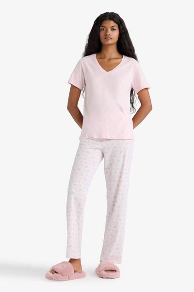 DeFacto Pajama Set Regular Fit Short Sleeve Top Long Bottom-Fall in Love F6987Ax25Au