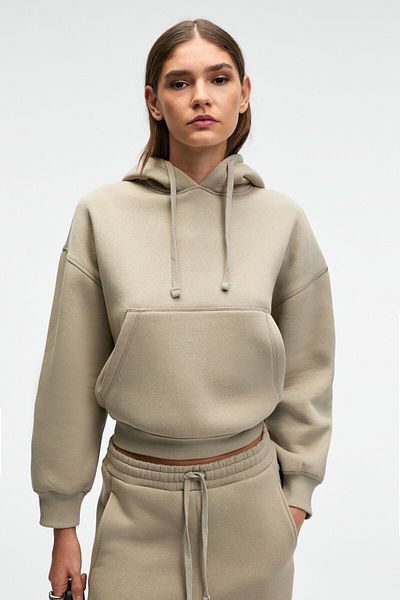 GRIMELANGE Selene women's Hooded kangaroo pocket regular fit stone color sweatshirt