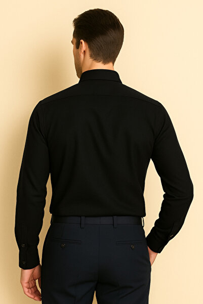 Artı1 Slim Fit Long Sleeve Easy Ironing Sweat Absorbing Breathable Texture Tie Four Seasons Black Men's Shirt