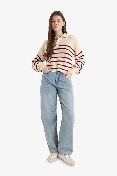 DeFacto Coool Relax Fit Polo Neck Button Striped Knitwear Sweater C4918Ax25Wn