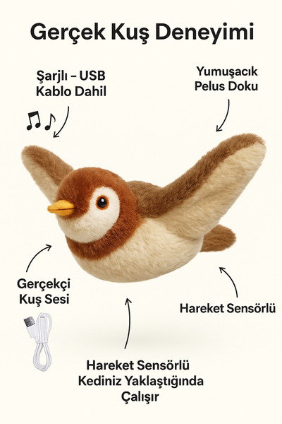 Ardinyo Şarjlı Hareket Sensörlü Kuş Sesli Kanat Çırpan Yumuşak Peluş Kedi Oyuncağı