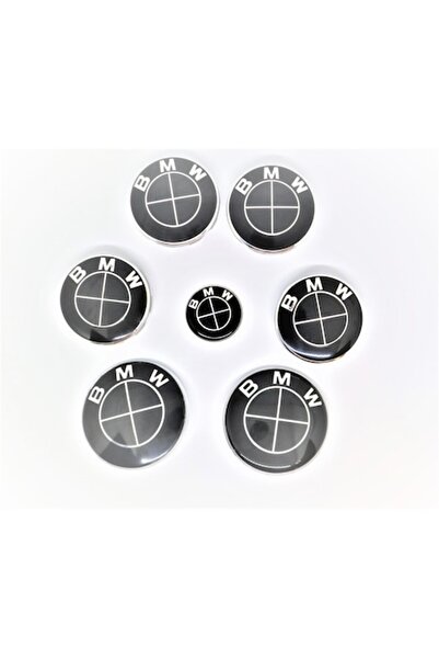 Aftermarket Set sigle embleme BMW 7 piese, negre full, capota 82 mm, portbagaj 74mm, capace jante 68mm, sigla vo