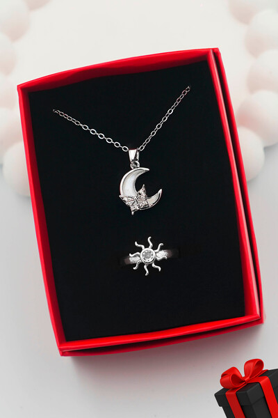 TREND COLLECTİON 316L Çelik Ay Kadın Kolye ve Ayarlanabilir Güneş Yüzük Set (...