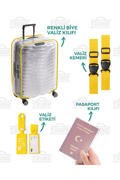 Trink Çanta Transparent Suitcase Cover Set (Suitcase Cover-Suitcase Belt-Suitcase Tag-Passport Cover) Colorful Piping