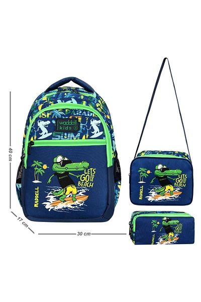 Paul Brand Licensed Kids Crocodile Patterned Boys' Primary School and Kindergarten School Bag Set of 3 Green - Navy Blue
