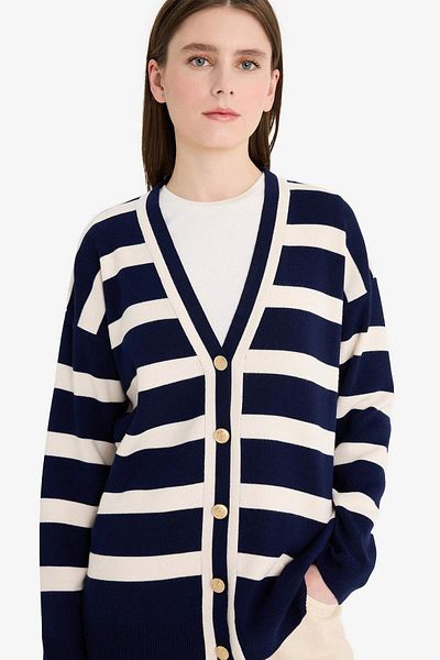 DeFacto Regular Fit V Neck Striped Button Cardigan D2445Ax25Au