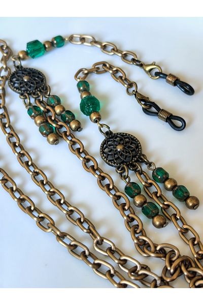 THİNBLACK Glasses Chain ​​Antique Gold Color Chain ​​With Green Crystal Stone Beads