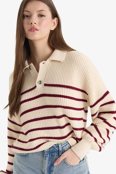 DeFacto Coool Relax Fit Polo Neck Button Striped Knitwear Sweater C4918Ax25Wn