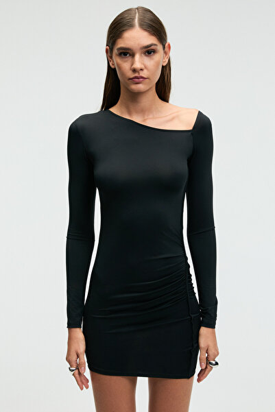 GRIMELANGE Lukkid Women's Stretch Fabric Asymmetrical Collar Slim Fit Black Dress