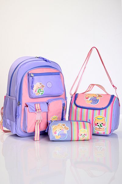 MUGGLE Mu-5917 Kawaii Bear Purple Pink Striped School Bag Set of 3 – Backpack, Lunch Bag V