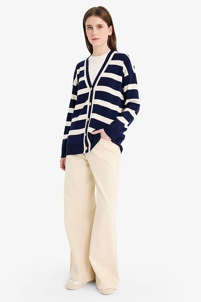 DeFacto Regular Fit V Neck Striped Button Cardigan D2445Ax25Au