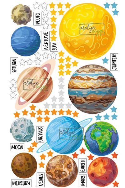 Atölye Çizgi Educational English Planet Set - Planets Sticker Set - Kids Baby Room Sticker