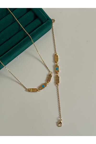 MİOSA Turkuaz Taşlı Vintage Çelik Kolye / Bileklik Seti