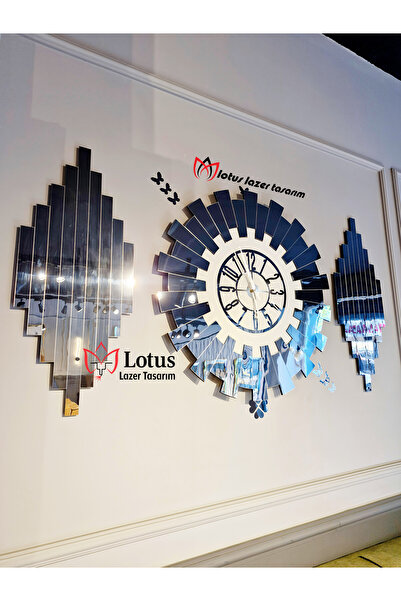 LotusLazer Tasarım 3’lü Pleksi Aynalı Duvar Saati Seti – Gümüş Beyaz Modern T...