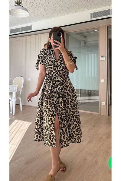 Ecenin Favorileri Thin Fabric Leopard Pattern Slit Midi Dress with Sleeve Tie Detail