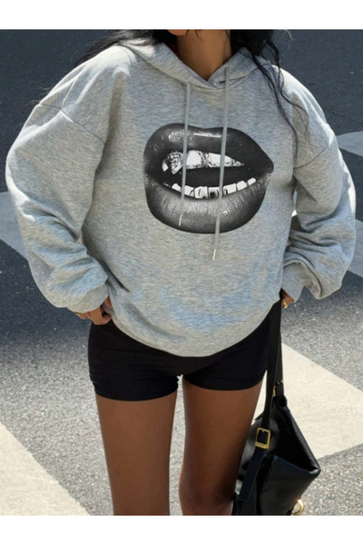 Framgan Hanorac cu glugă supradimensionat din bumbac imprimat cu buze Y2k pen...