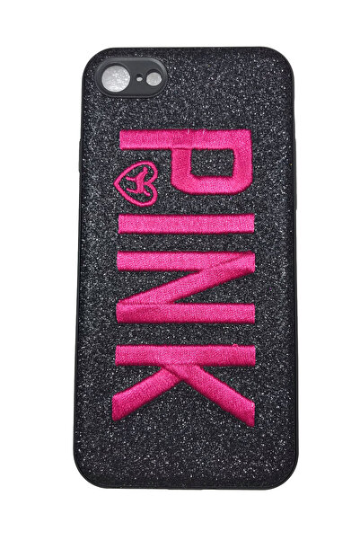 OEM Carcasă compatibilă cu iPhone 7, silicon și broderie roz, neagră