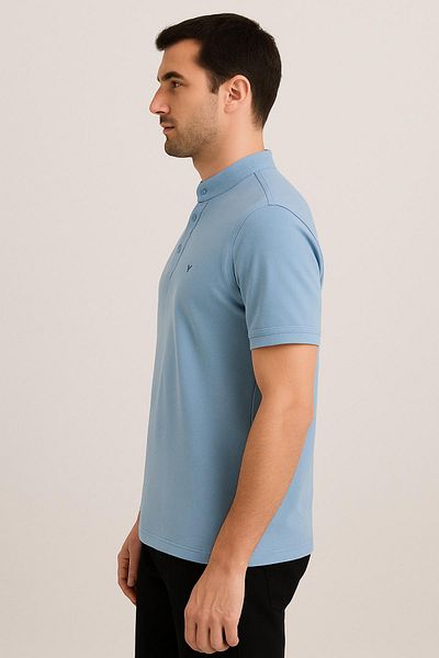 Maccali Men's Short Sleeve Judge Collar Summer Blue Loose T-Shirt