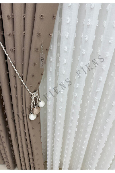 FİENS KAHVE PUFDY FON PERDE PONPON PÜSKÜLLÜ KETEN 1/3 Sık Ütüistemez Brocol H...