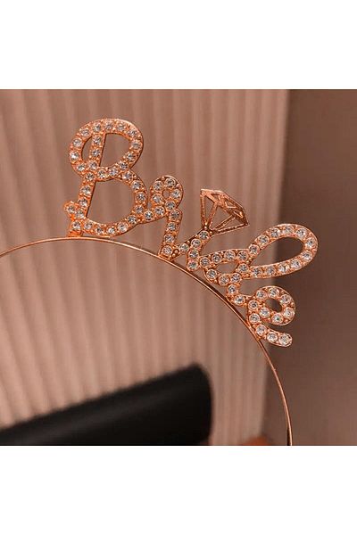 SAVA HOME COLLECTİON Rose Gold Colored Stone'Bride' Bridal Crown - with Handwritten Font