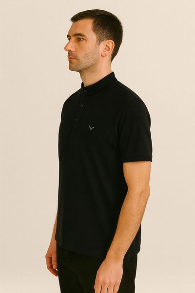 Maccali Men's Short Sleeve Judge Collar Summer Black Loose T-Shirt