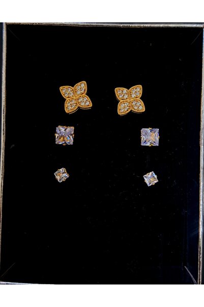 SOFT Gold 6'lı Yonca Model Zirkon Taşlı Küpe Seti