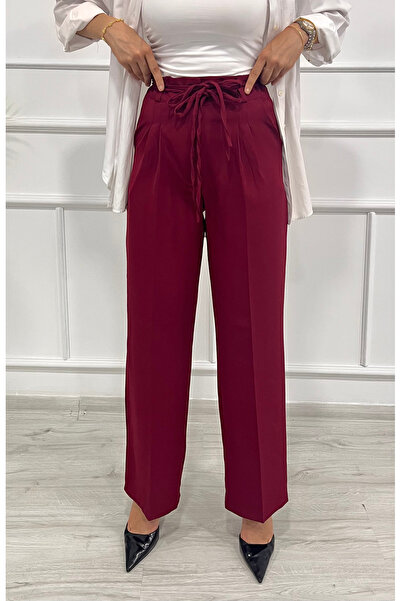 DESTEMODA Women's Bell Belt Rope Detailed Palazzo Trousers Claret Red 2501