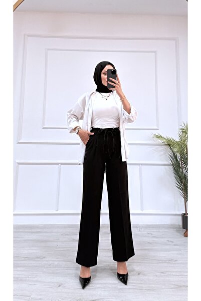 DESTEMODA Women's Bell Belt Rope Detailed Palazzo Trousers Black 2501