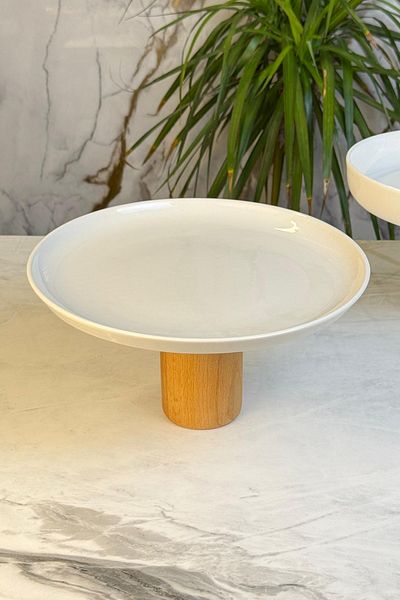 MAY HOME Porcelain Presentation Plate & Cake Cookie Cake Serving Plate with Wooden Legs