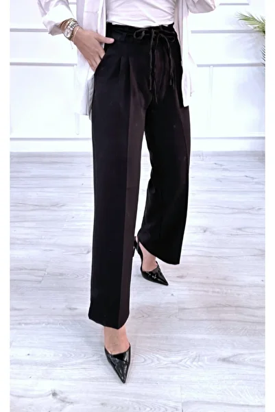 DESTEMODA Women's Bell Belt Rope Detailed Palazzo Trousers Black 2501