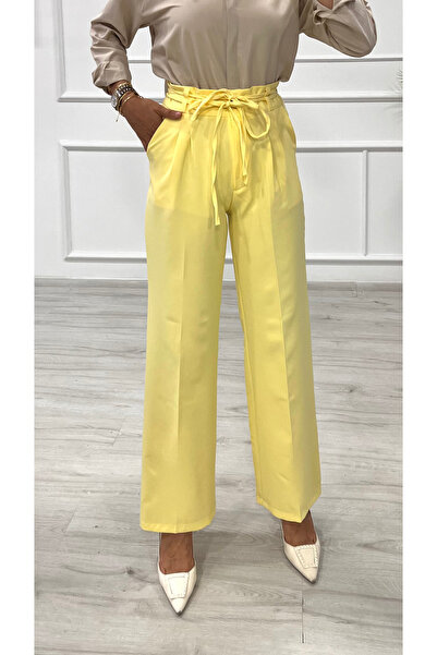 DESTEMODA Women's Bell Belt Rope Detailed Palazzo Trousers Yellow 2501