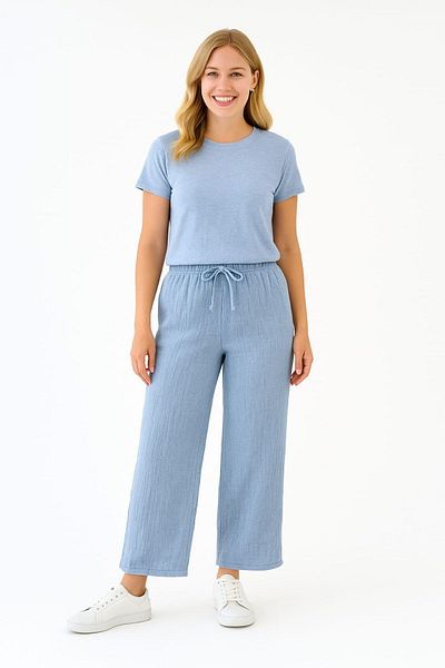 enmodaiçgiyim Petrol Blue 100% Cotton Muslin Fabric Wide Leg Comfortable Fit Women's Trousers with Two Pockets