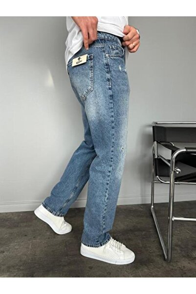 KağanKY Koyu Lacivert Yıkamalı Yırtıklı Mavi Baggy Jean