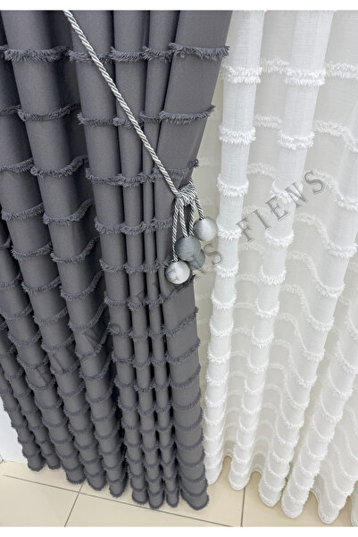 FİENS ANTRASİT İTALYAN FON PERDE ŞERİTLİ PÜSKÜLLÜ KETEN 1/3 Sık Ütüistemez Brocol Hediyeli ( TEK KANAT )