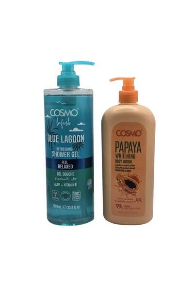 Cosmo مجموعة لوشن تفتيح الجسم بالبابايا وجل الأستحمام المنعش بالألوفيرا وفيتا...