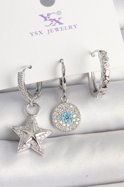 Skygo Brass Gold Color Zircon Stone Star Model Evil Eye Bead Detail 3-Piece Women's Combination Earrings - Tj-Bkp10446