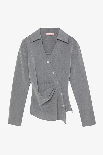 Quzu Asymmetric Buttoned Draped Shirt Collar Blouse Gray