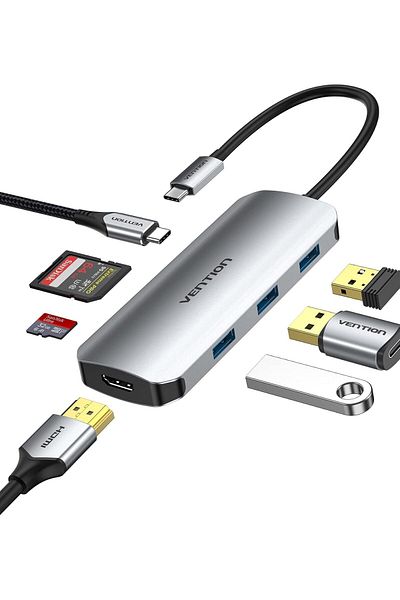 Vention 7-in-1 USB-C Docking Station 0.15M 4K@30Hz HDMI 5Gbps USB 3.0*3, SD/TF Card Reader