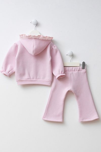 Minipodyum Hooded Heart Detailed Pocket Baby Girl Top and Bottom Set