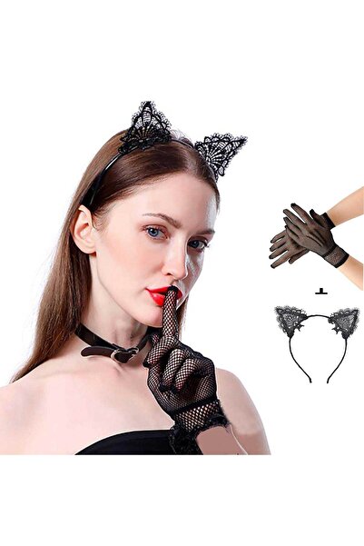 Beldekstore Siyah Kedi Dantel Taç + Eldiven Seti – Parti, Dans ve Kostüm Kombini