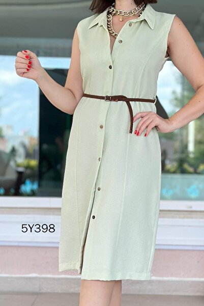 İnce Topuk Sıfır Kol Kemerli Keten Elbise 5y398