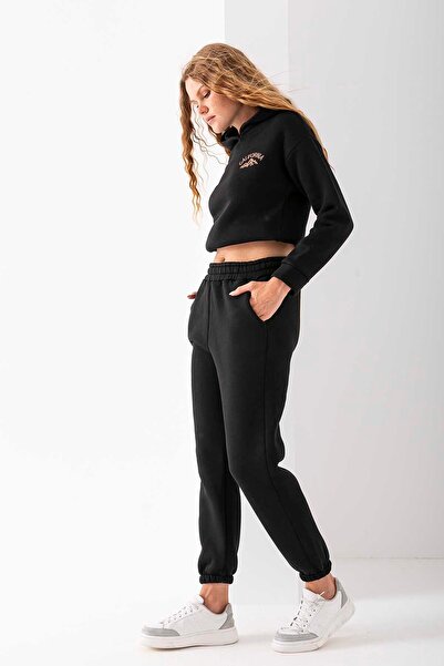 GİYSA Γυναικείο σετ φόρμας με κουκούλα California με κέντημα με λεπτομέρεια μαύρο - 2606