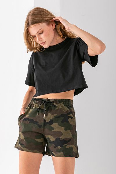 GİYSA Women's Adjustable Waist Double Pocket Patterned Shorts Army Green - 10047