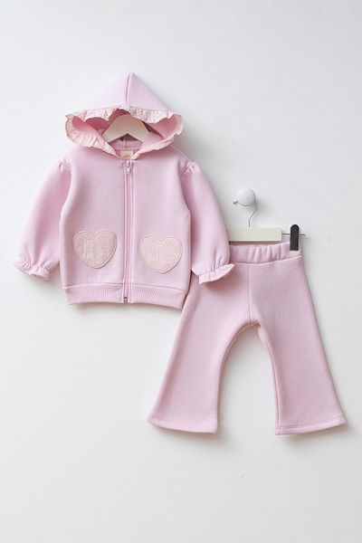 Minipodyum Hooded Heart Detailed Pocket Baby Girl Top and Bottom Set