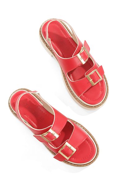 EYLÜLDEN MODA SHOES Women's Merlin Red Skin Double Strap Vardola Detailed Sandals